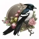 A magpie, a bunch of grapes, a pink rose. tattoo design idea