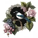 A magpie, a bunch of grapes, a pink rose. tattoo design idea