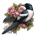 A magpie, a bunch of grapes, a pink rose. tattoo design idea