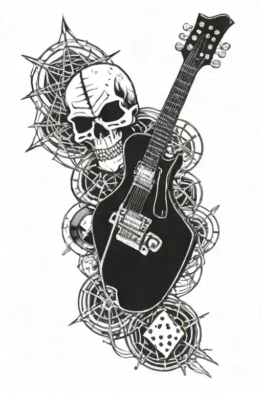 skull, metallica, rock, biker, Maltese cross, electric guitar, spider web, game card and dice, motocross tattoo design idea