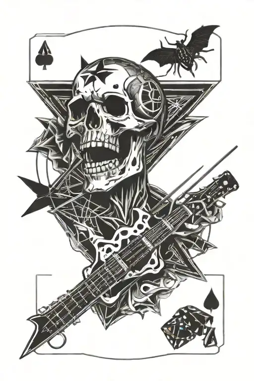 Skull, Metallica, Rock, Biker, Maltese Cross, Electric Guitar, Spider Web, Playing Card And Dice tattoo design idea