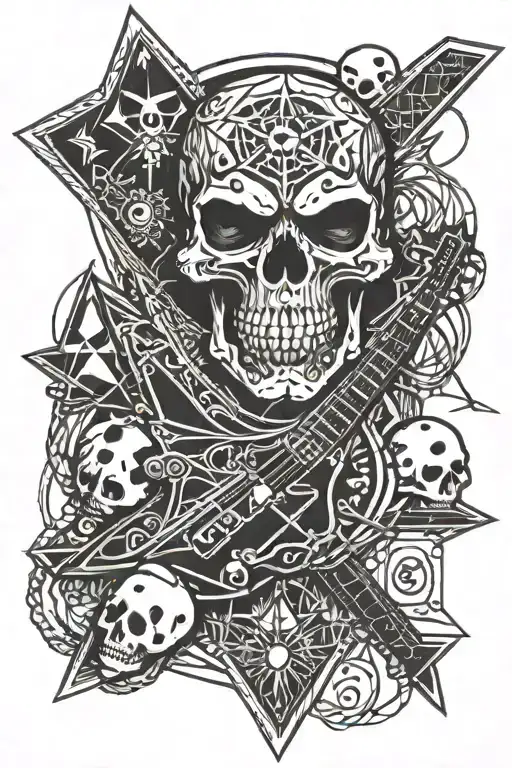 Skull, Metallica, Rock, Biker, Maltese Cross, Electric Guitar, Spider Web, Playing Card And Dice tattoo design idea