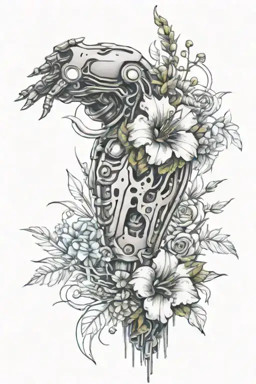 biomechanical futuristic arm with wild vegetation climbing up and flowers tattoo design idea