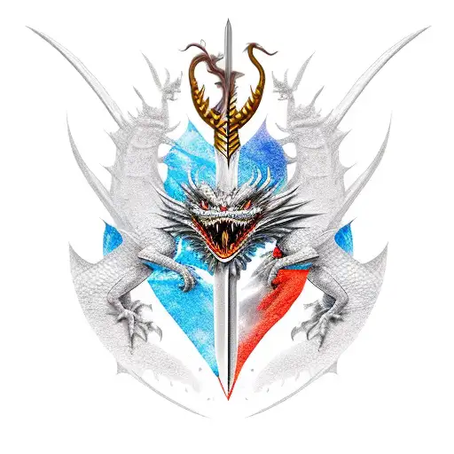 Dragon fighting legendary swordsman tattoo design idea