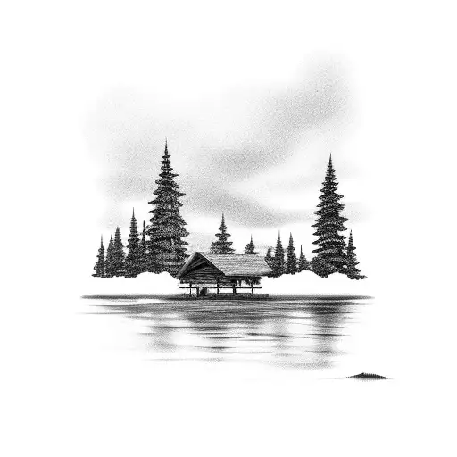 cabin scenery with man overlooking water tattoo design idea