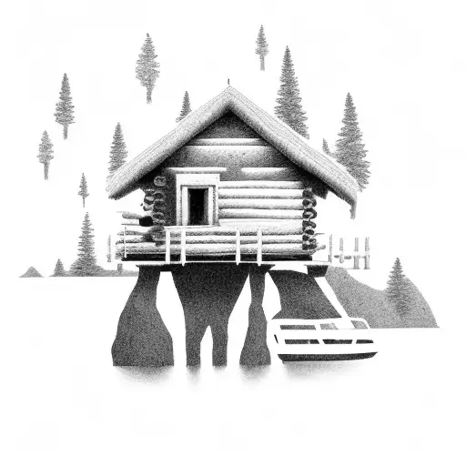 cabin scenery with man overlooking water tattoo design idea