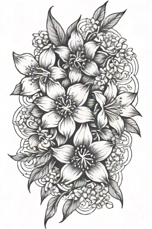 violet flower intertwined with sakura flowers with a daffodil intertwined with cherry blossom flowers  tattoo design idea