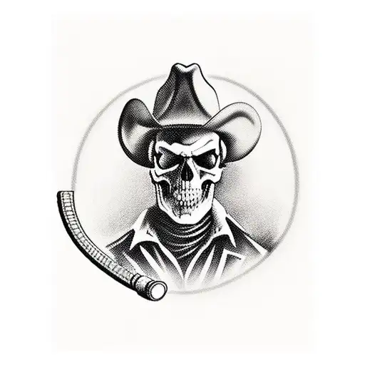 cowboy with skull face playing likeee at a table with gun ready to shoot under table at bar tattoo tattoo design idea