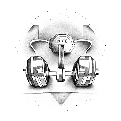 A gym dumbbell with the words of a poem engraved on it, surrounded by dotwork designs tattoo design idea