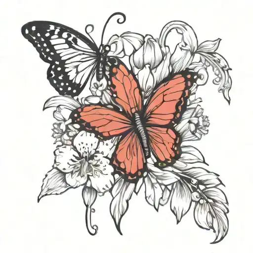 half butterfly half carnation and snowdrops black and white outline tattoo design idea