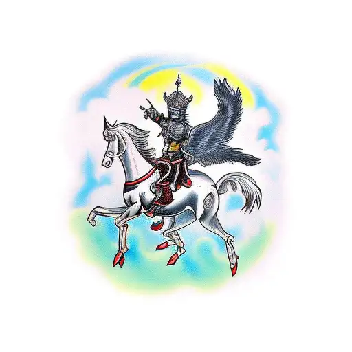 A traditional tattoo featuring a knight riding a Pegasus tattoo design idea