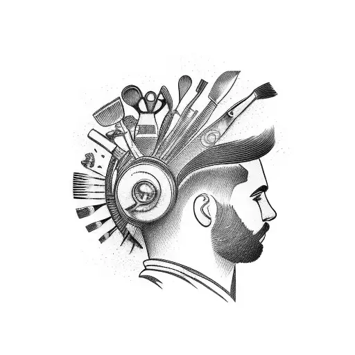 A tattoo of a barber's tools surrounded by family portraits and dance silhouettes, representing your passion for your occupation, family, and dancing tattoo design idea