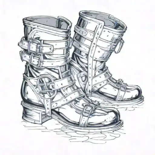 the boots of hermes steel wrapping around the calf made of steel with a bracer arkund the ankle holding it on tattoo design idea