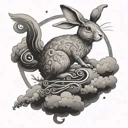 A whimsical scene of a rabbit floating on a cloud shaped like the number 6, with the waning crescent moon and air elements surrounding them tattoo design idea