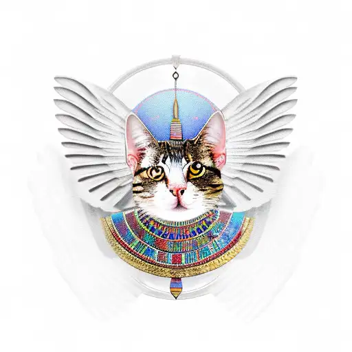 egyptian cat in centre with wings, egyptian symbols around tattoo design idea