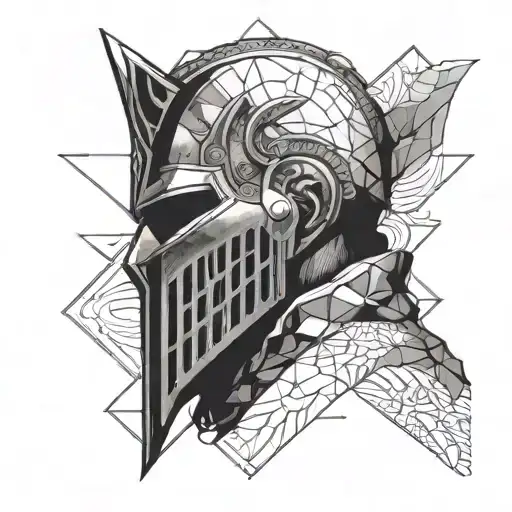 A portrait of Artorios, the iconic character from Dark Souls, with a unique geometric pattern background in black-grey style tattoo design idea