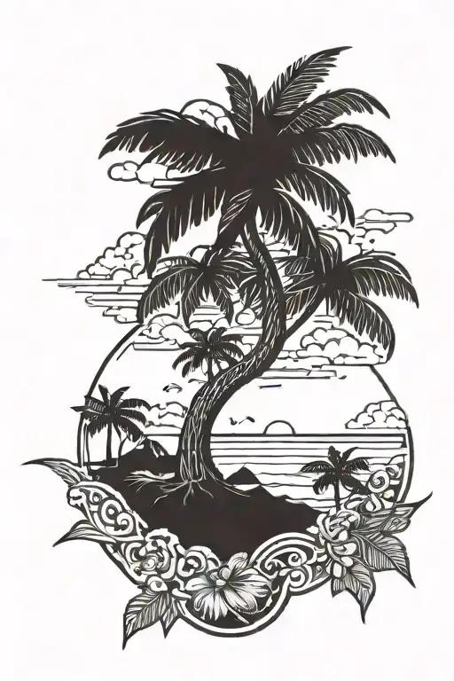 outline of jamaica, ackee fruit, lion of judah and a beach scene tattoo design idea
