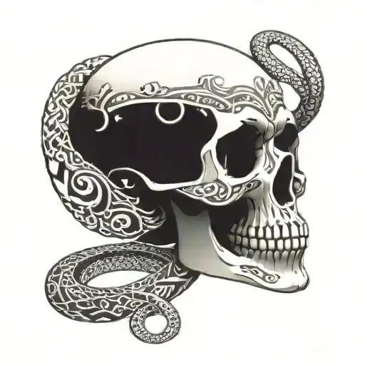 A skull with intricate Aztec patterns and snake details tattoo design idea