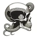 A skull with intricate Aztec patterns and snake details tattoo design idea