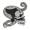 A skull with intricate Aztec patterns and snake details tattoo design idea
