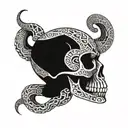 A skull with intricate Aztec patterns and snake details tattoo design idea