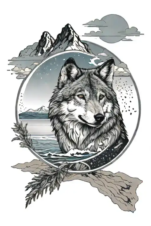 a gray wolf on the beach and mountains behind and blue sky above. in a circular frame tattoo design idea