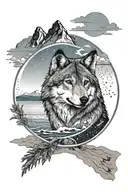 a gray wolf on the beach and mountains behind and blue sky above. in a circular frame tattoo design idea