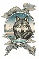 a gray wolf on the beach and mountains behind and blue sky above. in a circular frame tattoo design idea
