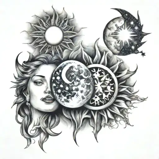 moon, star and sun sisters tattoo design idea