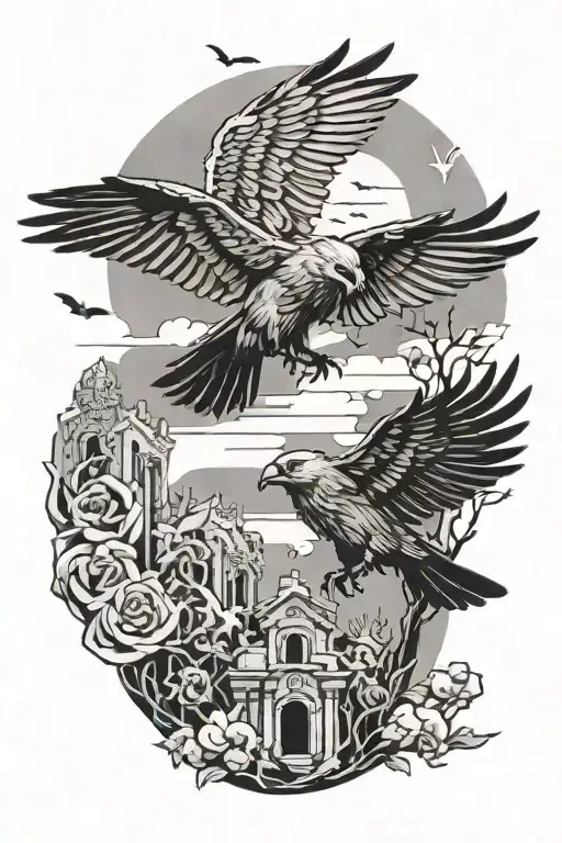 Huginn and Muninn flying over a graveyard tattoo design idea