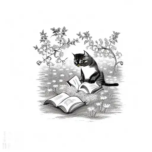 A whimsical scene of a cat reading a book under an apple tree, with flowers blooming around them tattoo design idea