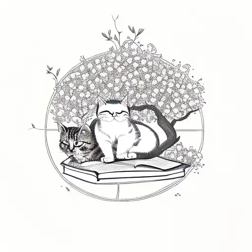 A whimsical scene of a cat reading a book under an apple tree, with flowers blooming around them tattoo design idea