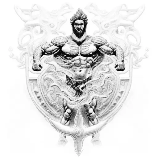 An intricate blackwork design of the Greek god Poseidon, emphasizing his muscular build and his association with the sea, combining the client's interests in bodybuilding and their occupation in the army. tattoo design idea