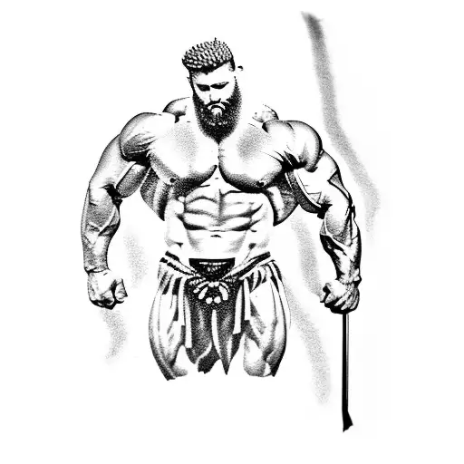 A fierce and powerful depiction of Zeus, the king of the Greek gods, flexing his muscular physique in a bodybuilding pose. tattoo design idea