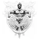An intricate blackwork design of the Greek god Poseidon, emphasizing his muscular build and his association with the sea, combining the client's interests in bodybuilding and their occupation in the army. tattoo design idea