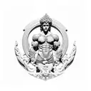 An intricate blackwork design of the Greek god Poseidon, emphasizing his muscular build and his association with the sea, combining the client's interests in bodybuilding and their occupation in the army. tattoo design idea