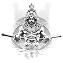 An intricate blackwork design of the Greek god Poseidon, emphasizing his muscular build and his association with the sea, combining the client's interests in bodybuilding and their occupation in the army. tattoo design idea