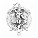 An intricate blackwork design of the Greek god Poseidon, emphasizing his muscular build and his association with the sea, combining the client's interests in bodybuilding and their occupation in the army. tattoo design idea
