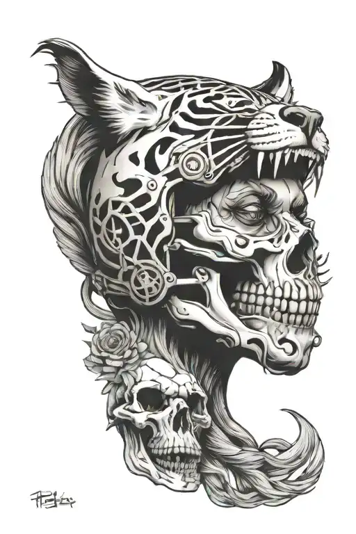 skull motorcycle girl tiger forest tattoo design idea