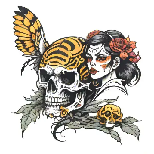 skull moto girl forest tiger tattoo design idea