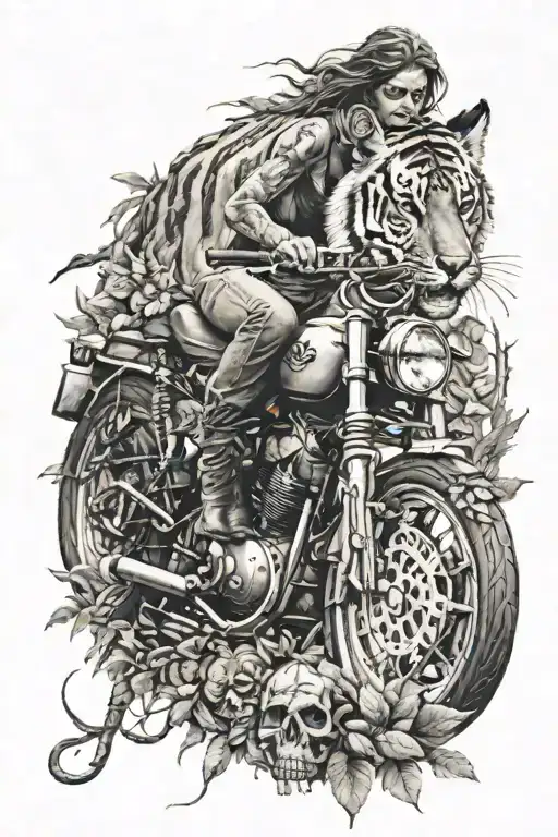 skull motorcycle girl tiger forest tattoo design idea