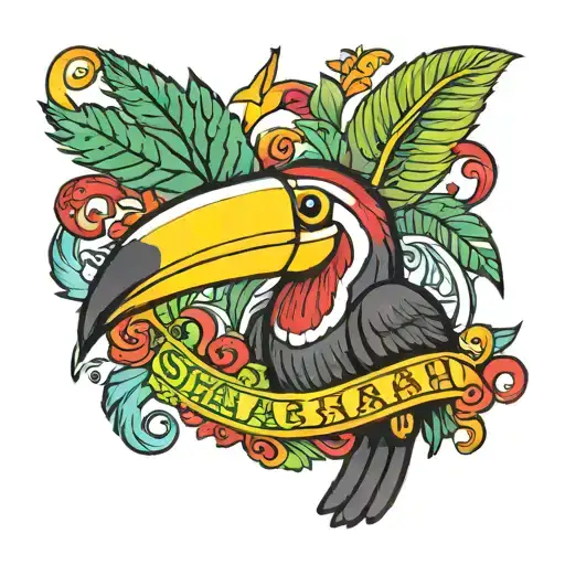 A Toucan In the beak, the word SHABBAH is written in full colour yellow, with the colours red and green surrounding it  tattoo design idea