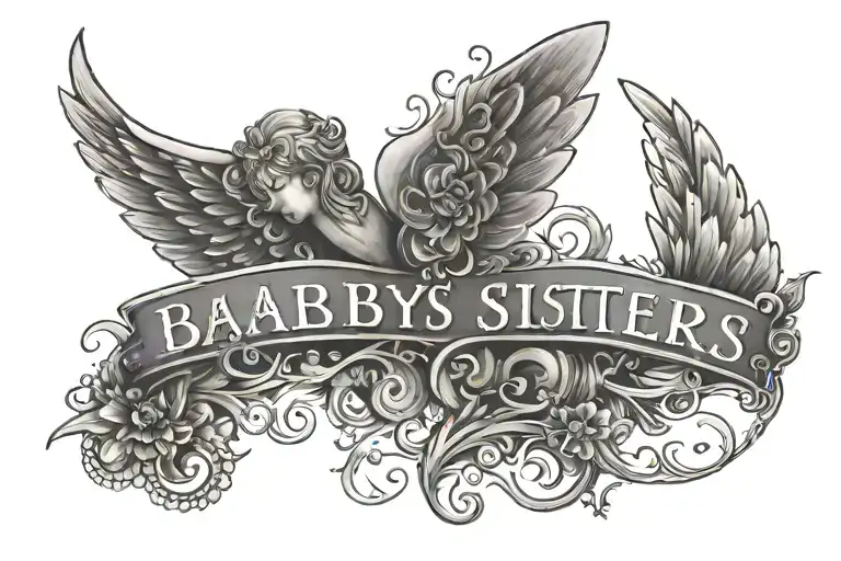  baby sisters name writen ( lynn marie) with angel wings  tattoo design idea