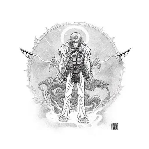 Kid Armin Arlert with Colossal titan behin him tattoo design idea