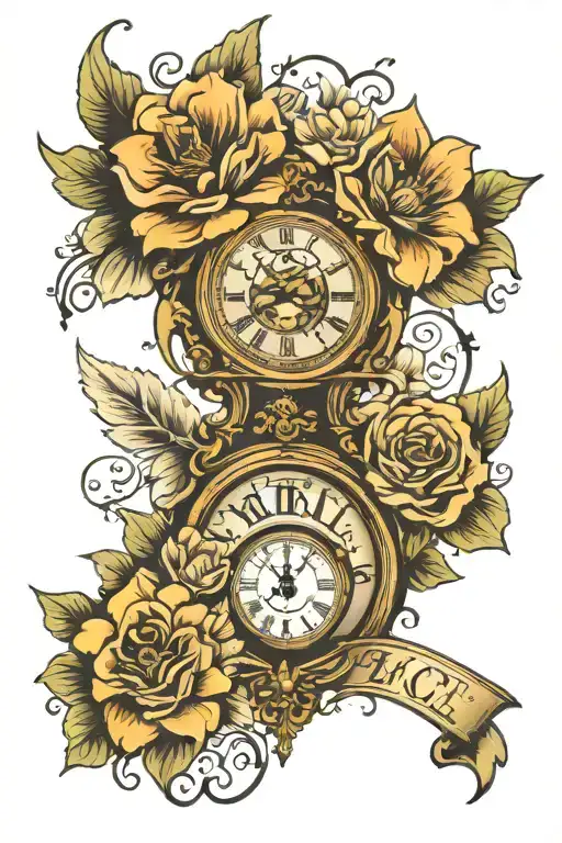 clock, eye, script, flowers, angel tattoo design idea