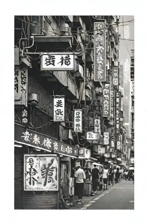 Hong Kong street with hanging neon signs. Cropped to a vertical frame tattoo design idea
