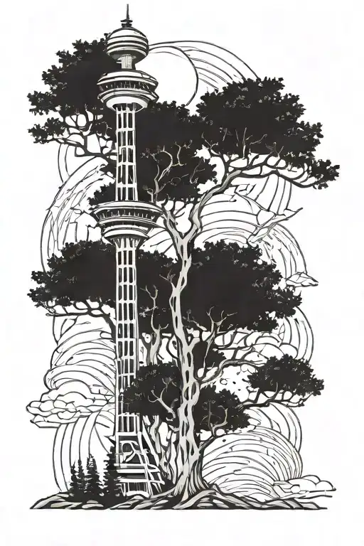Leg sleeve tattoo featuring at the bottom trees, with the space needle coming out of it. Go up to mid thigh tattoo design idea