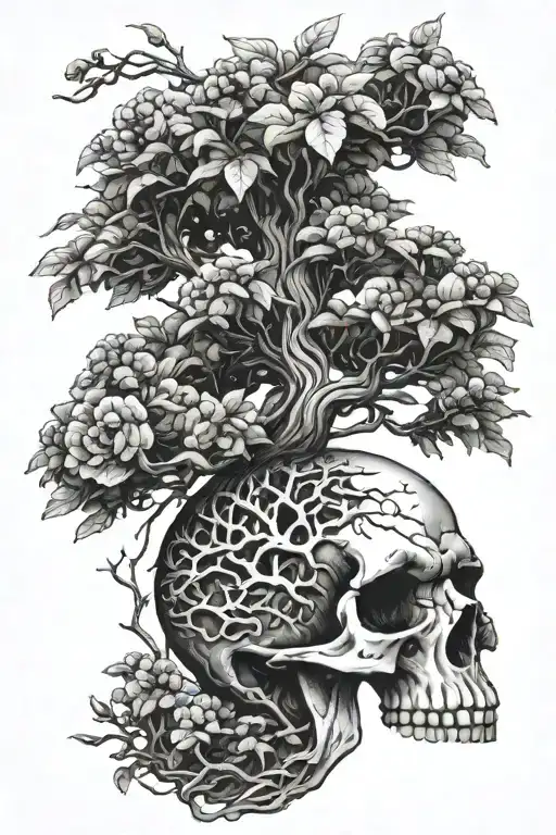 bonsai growing out of skull tattoo design idea