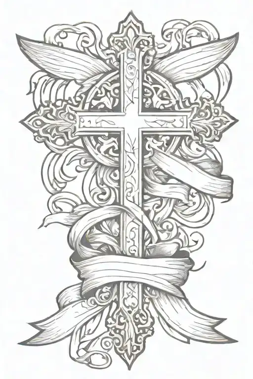 cross with banner ribbon across tattoo design idea