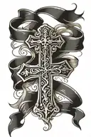 cross with banner ribbon across front tattoo design idea